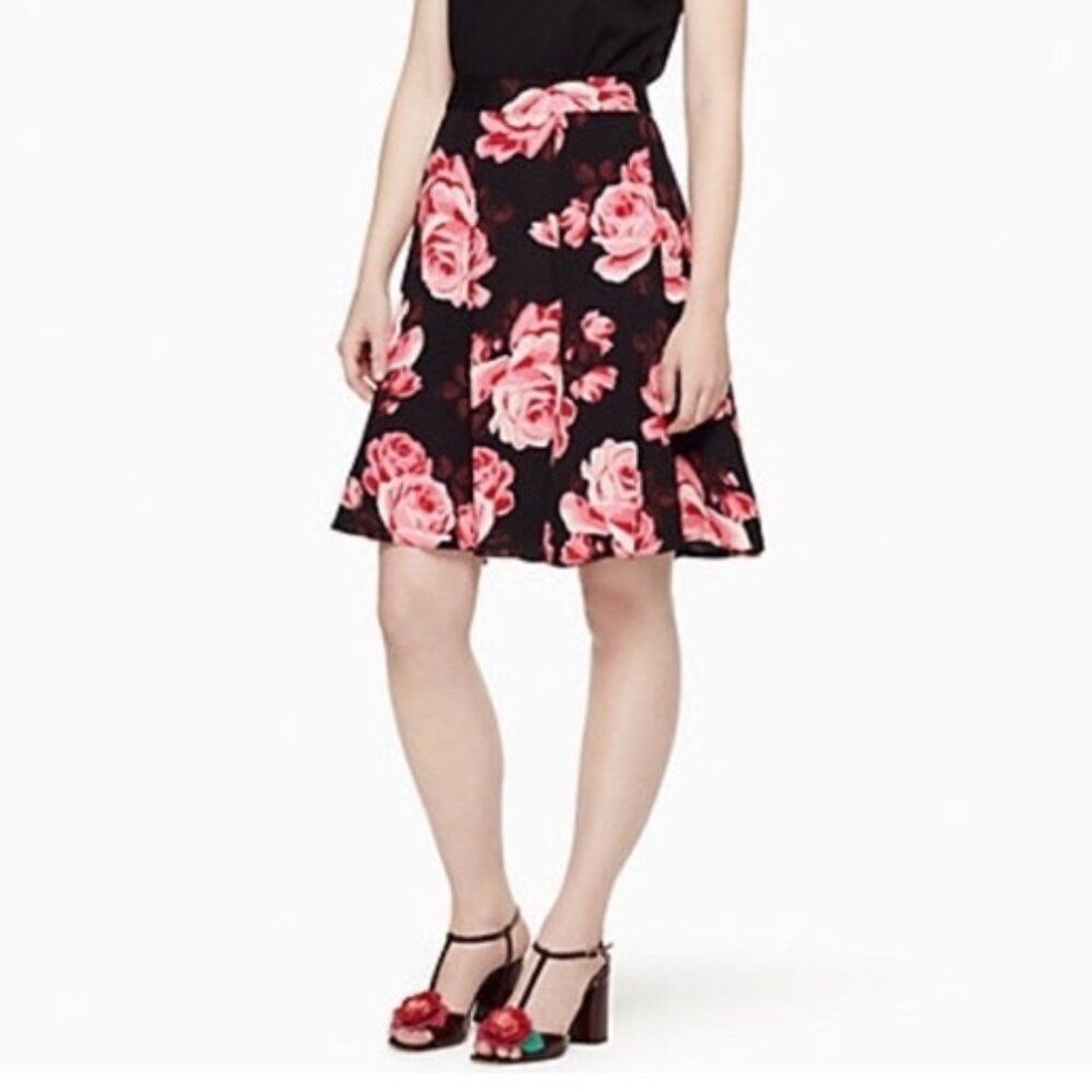 Kate Spade Crepe Floral Print Black and Pink Skirt Size 0 Coquette Fairy